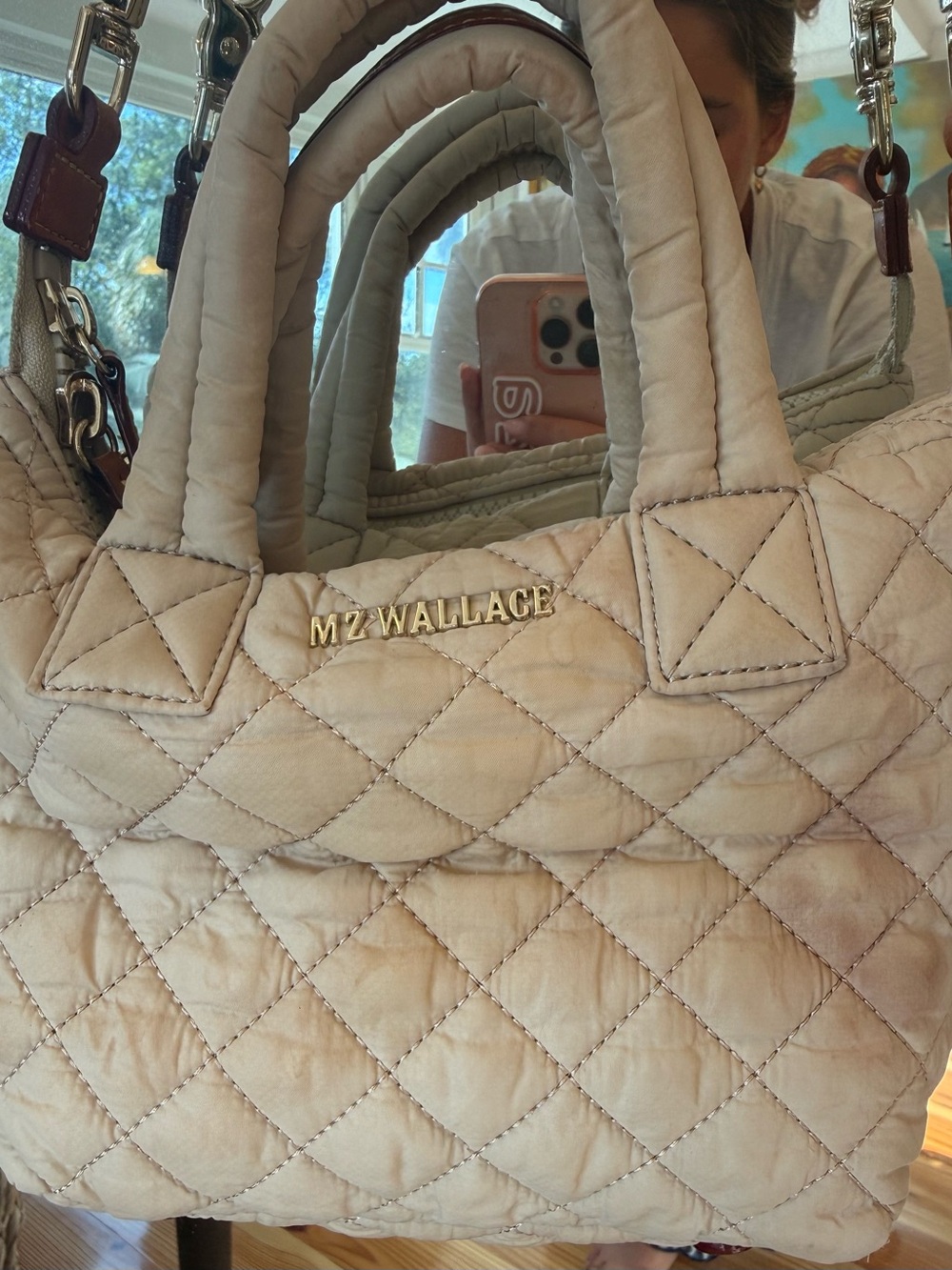 MZ Wallace Buff Micro Sutton Quilted Beige/Cream Tote with Gold Logo